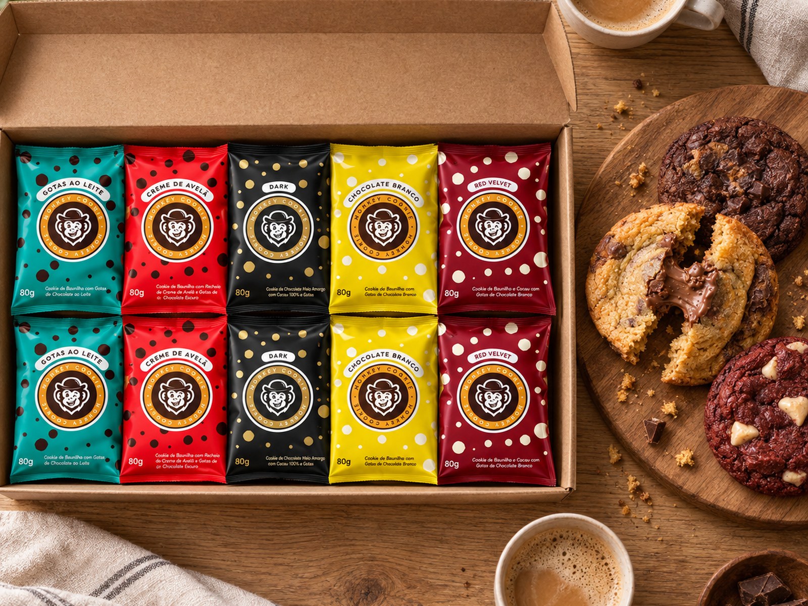 Kit 10 Cookies visto de cima: caixa aberta com dez embalagens Monkey Cookie, tábua com cookies e duas xícaras de café