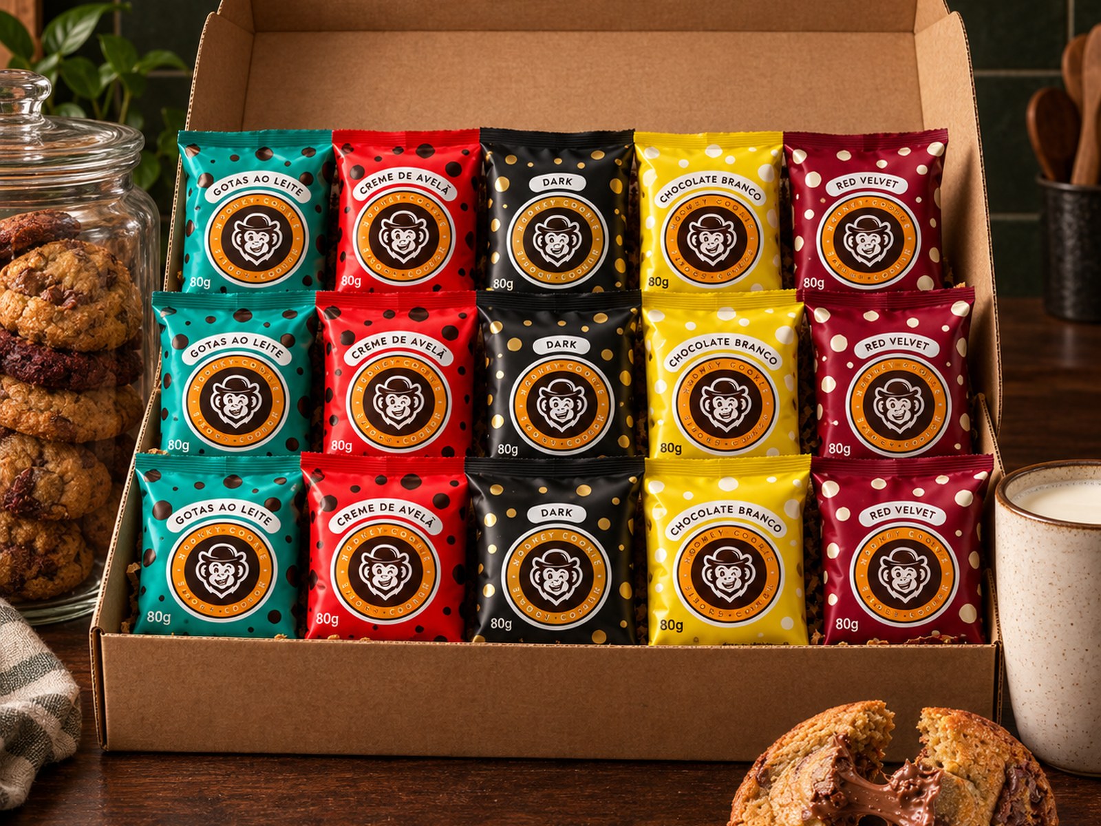 Kit 15 Cookies na bancada da cozinha: caixa cheia com quinze embalagens Monkey Cookie, pote de cookies e caneca de leite