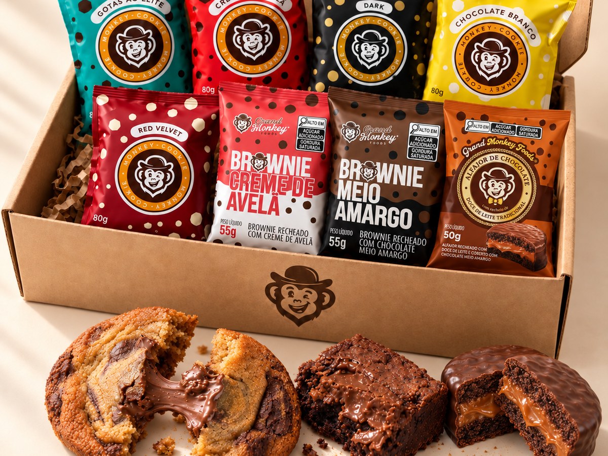 Kit Degustação na caixa kraft: oito embalagens Monkey (cinco cookies, dois brownies e um alfajor) com um cookie de creme de avelã partido, um brownie e um alfajor cortado ao meio na frente