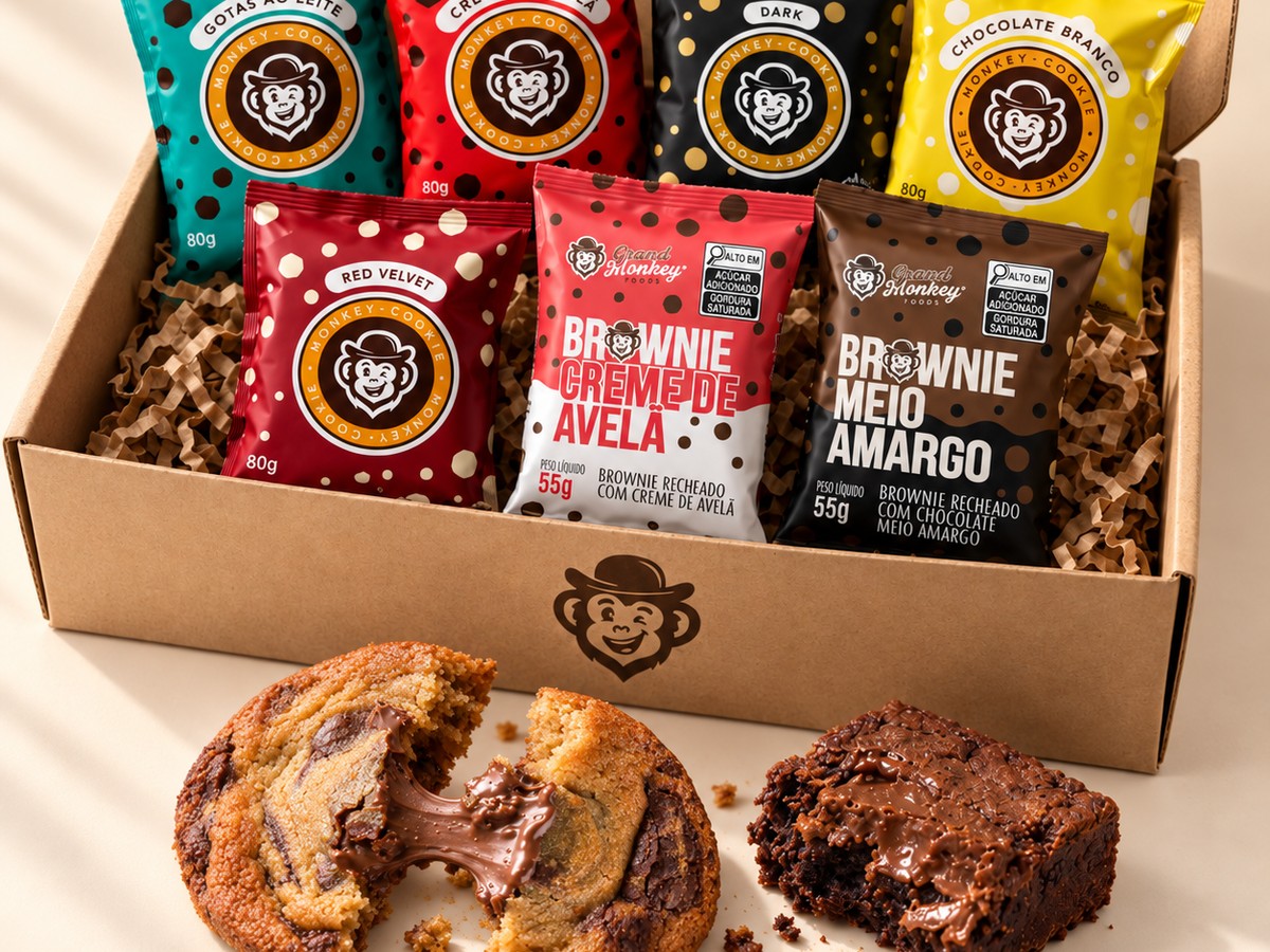 As sete embalagens do Kit Degustação: cinco cookies e dois brownies Monkey Cookie