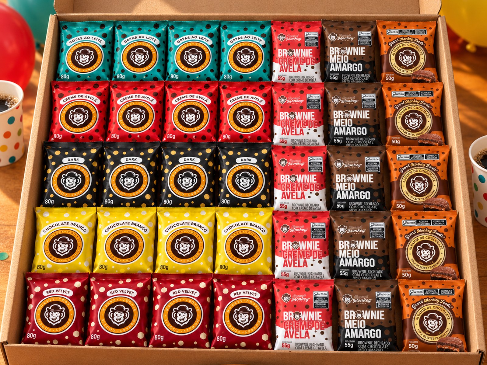 Kit Super Monkey numa mesa de festa: caixa kraft grande com 35 embalagens em fileiras, 20 cookies, 10 brownies e 5 alfajores, e um prato com cookies e um alfajor cortado